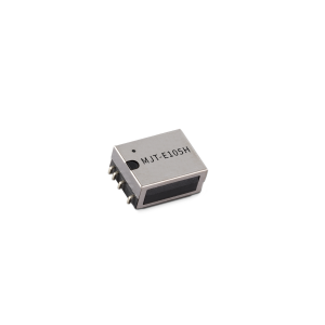 A small, rectangular Reed Relay MT Series component with five metal pins and the label MJT-E105H printed on its surface, placed on a white background. by Standex Detect