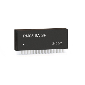 A black electronic integrated circuit chip from the RM05-8A-SP Series, labeled Reed Relay, features multiple metal pins protruding from the bottom and the number 2408/2 printed on the right. by Standex Detect