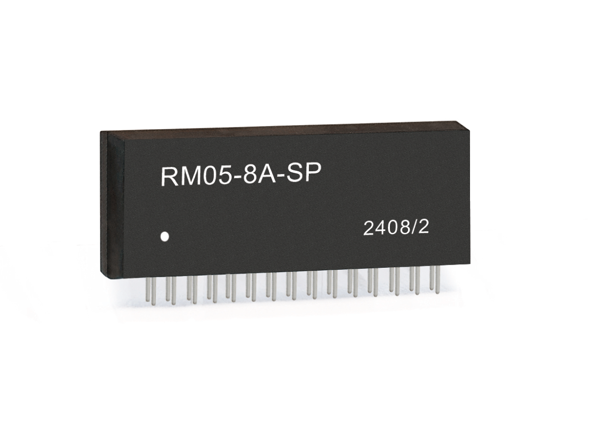 A black rectangular Reed Relay from the RM05-8A-SP Series, labeled 2408/2, with metal pins protruding from the bottom for connection to a circuit board. by Standex Detect