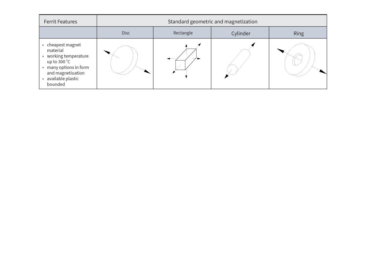 Table showing magnets features and four geometric shapes: disc, rectangle, cylinder, and ring, each with indicated magnetization direction. Bullet points list ferrite magnet and AlNiCo magnets features on the left. by Standex Detect