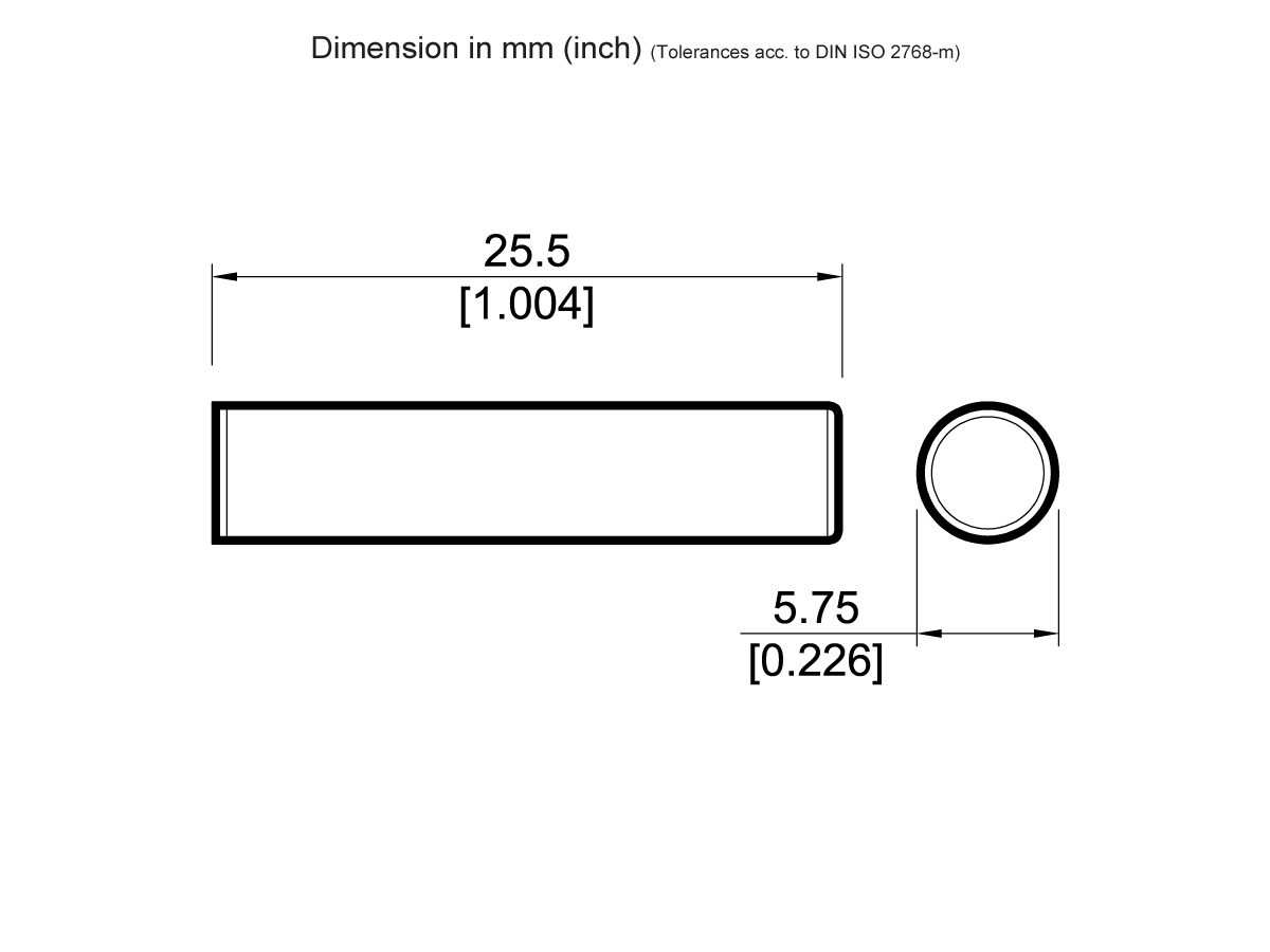 Technical drawing of an M03 Series Magnet, featuring a hollow cylindrical shape. Length: 25.5 mm (1.004 inches), outer diameter: 5.75 mm (0.226 inches). Both side and front views with dimensions in mm and inches are included. by Standex Detect