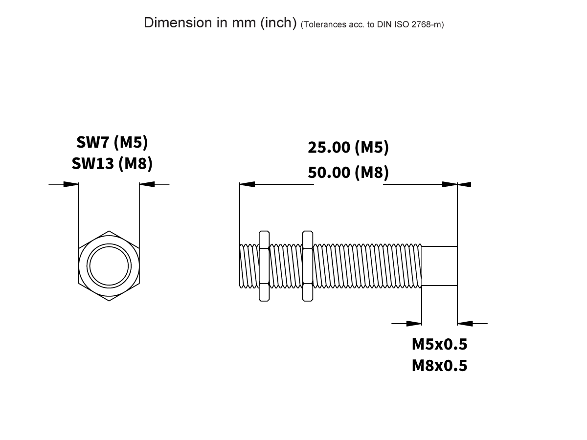 Technical drawing of hex nuts and bolts from the M11S Series Magnet. Shows two sizes: M5×0.5 (25mm) with SW7 and M8×0.5 (50mm) with SW13. Dimensions are in mm, with threads and tolerances noted per DIN ISO 2768-m. by Standex Detect