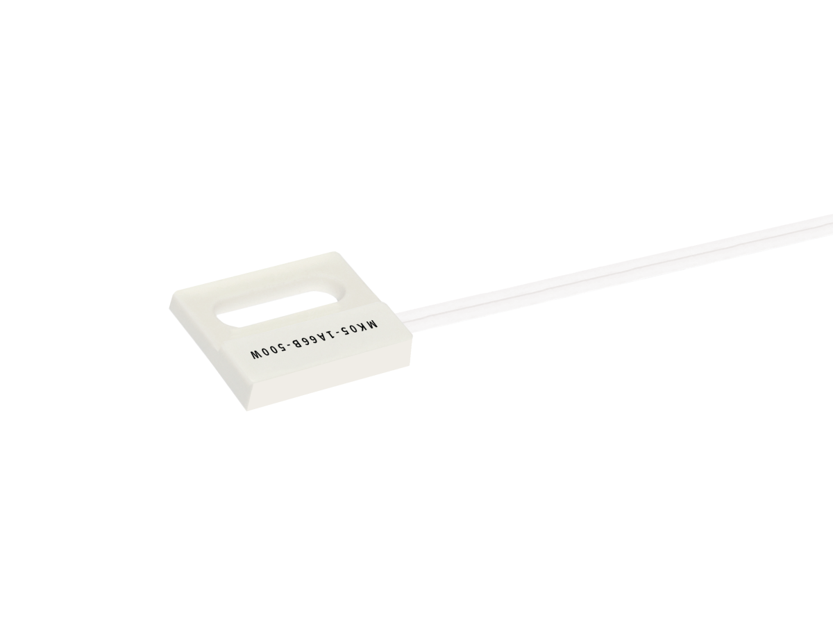 A rectangular white object from the MK05 Series with a cut-out handle and a white rod attached. This Reed Sensor features black text reading MOSS-059VF-SOVN. The background is plain white. by Standex Detect