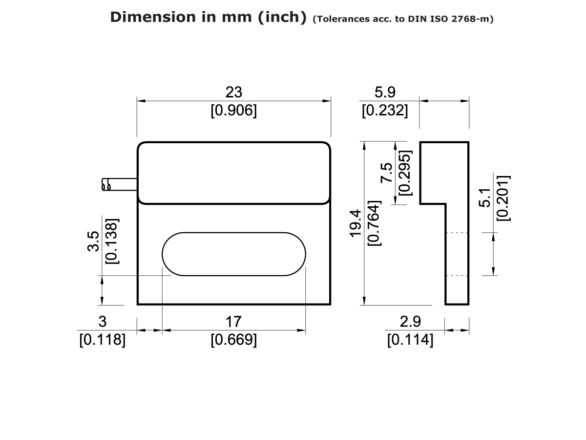 Technical drawing of a rectangular MK05 Series Reed Sensor with rounded edges, featuring detailed dimensions in millimeters and inches. It shows three views: top, front, and side, with notations for holes and thickness. by Standex Detect
