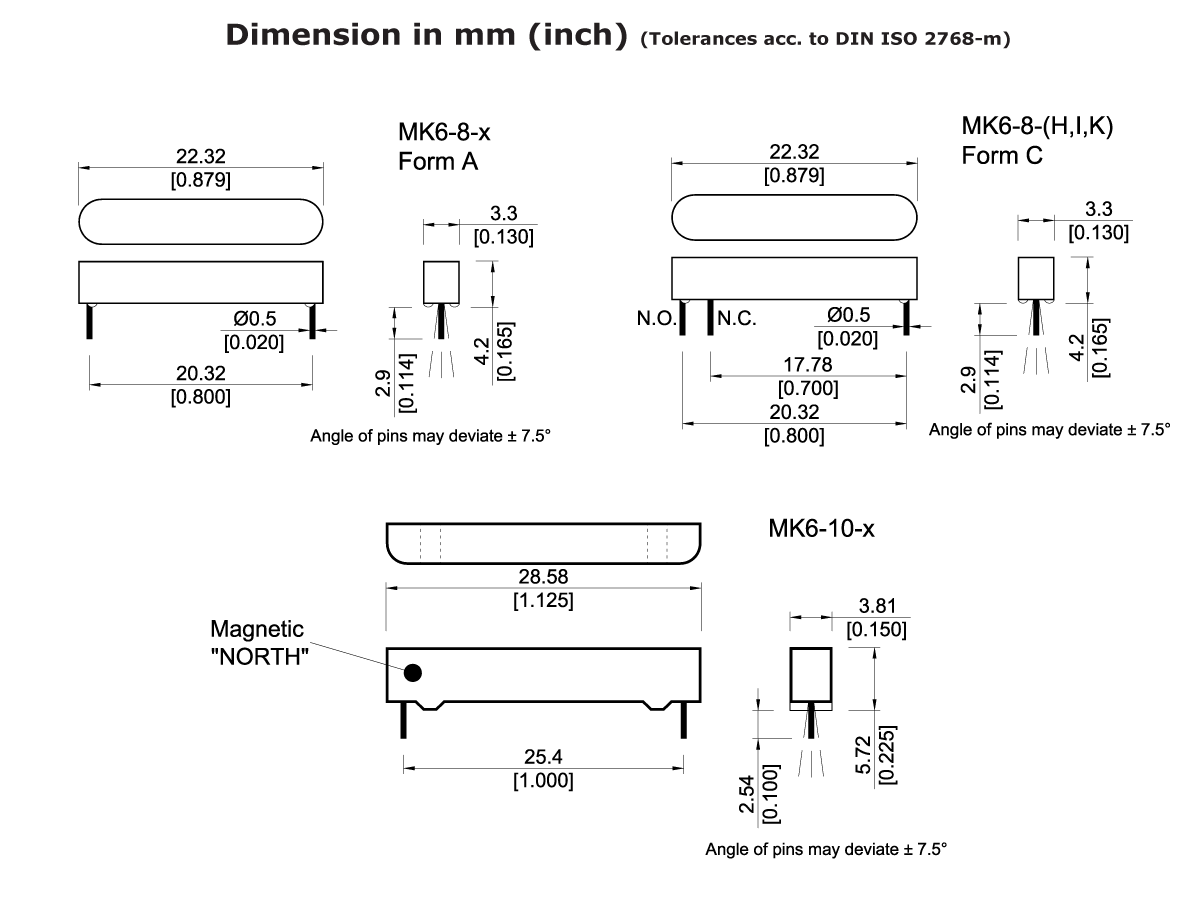 Technical diagram showing dimensions and pin layouts in mm (inch) for MK06 Series Reed Switch MK6-8-x Form A, MK6-8-(H,I,K) Form C, and MK6-10-x components, including top, side, and end views. by Standex Detect