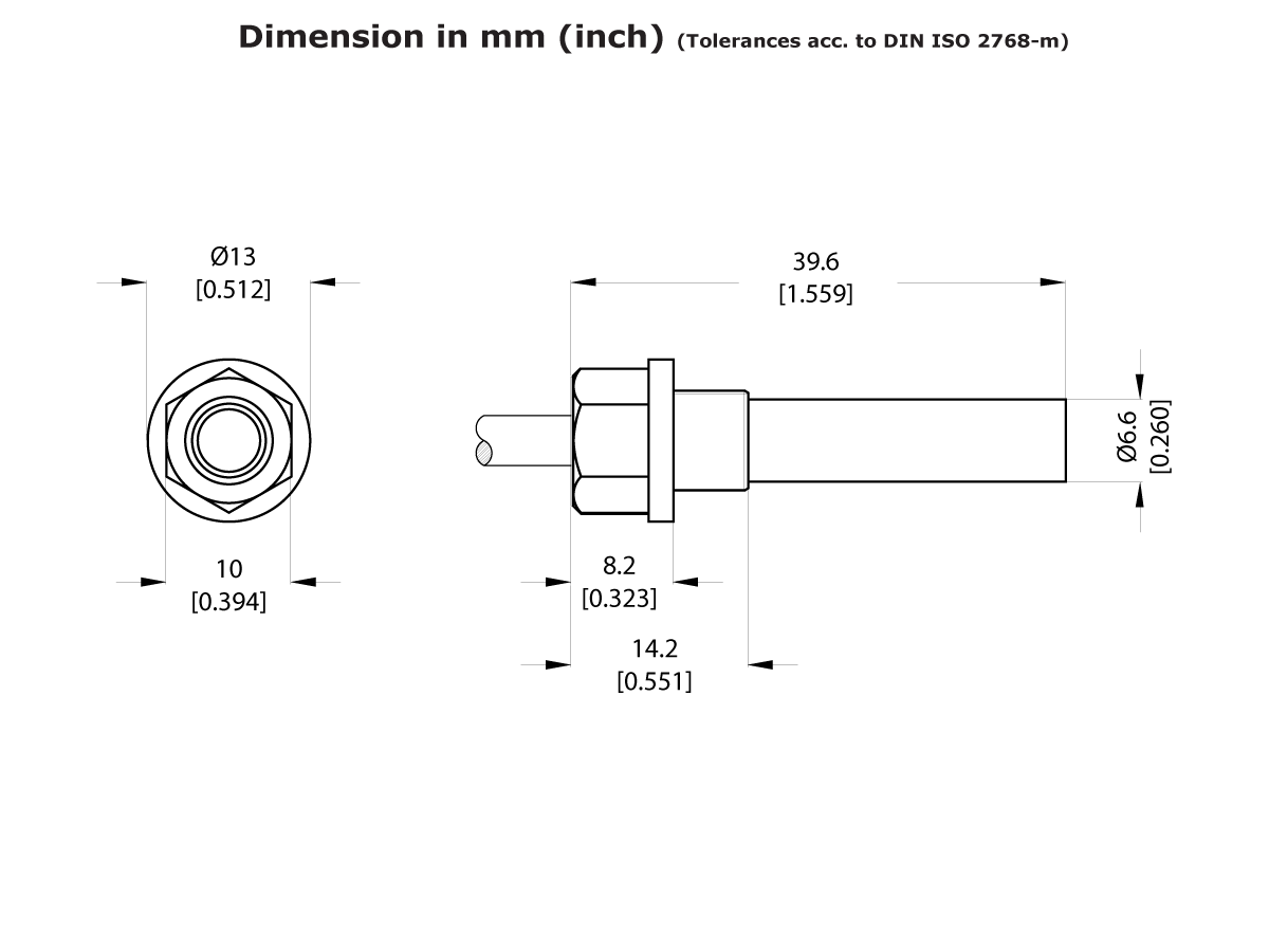 Technical drawing of an MK07 Series Reed Sensor cylindrical component with front and side views, showing dimensions in millimeters and inches, labeled diameters, lengths, and tolerances per DIN ISO 2768-m. by Standex Detect