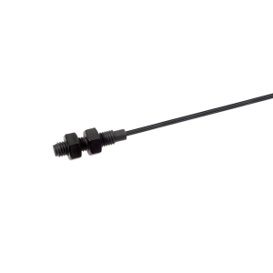 A black cable with a threaded plastic connector and two hex nuts on one end, likely part of a Plastic Series Reed Sensor, set against a white background. The cable extends to the right with the connector positioned toward the left side of the image. by Standex Detect