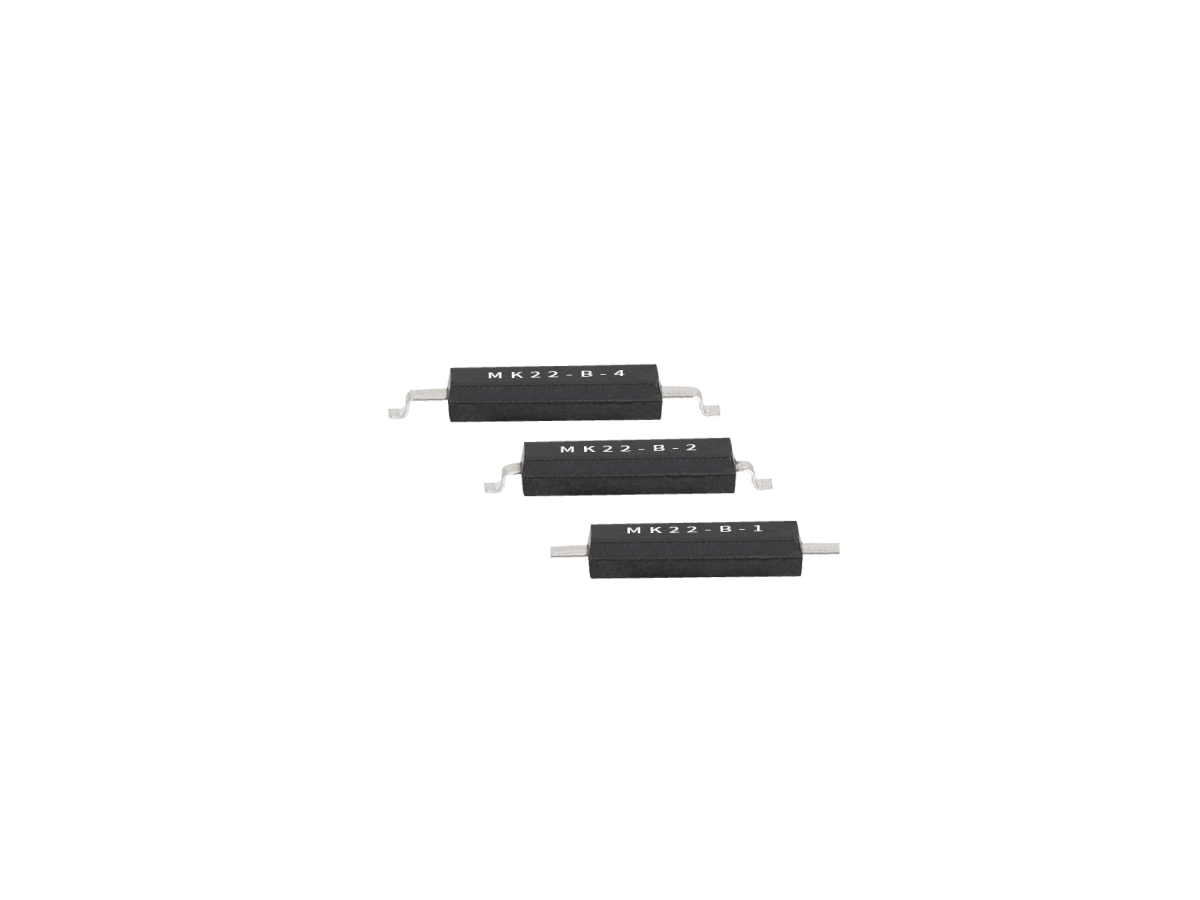 Three black rectangular MK22 Series Surface Mount Reed Switches, labeled MK22-B-4, MK22-B-2, and MK22-B-1, are arranged in a diagonal line on a white background, each featuring metallic leads on both ends. by Standex Detect
