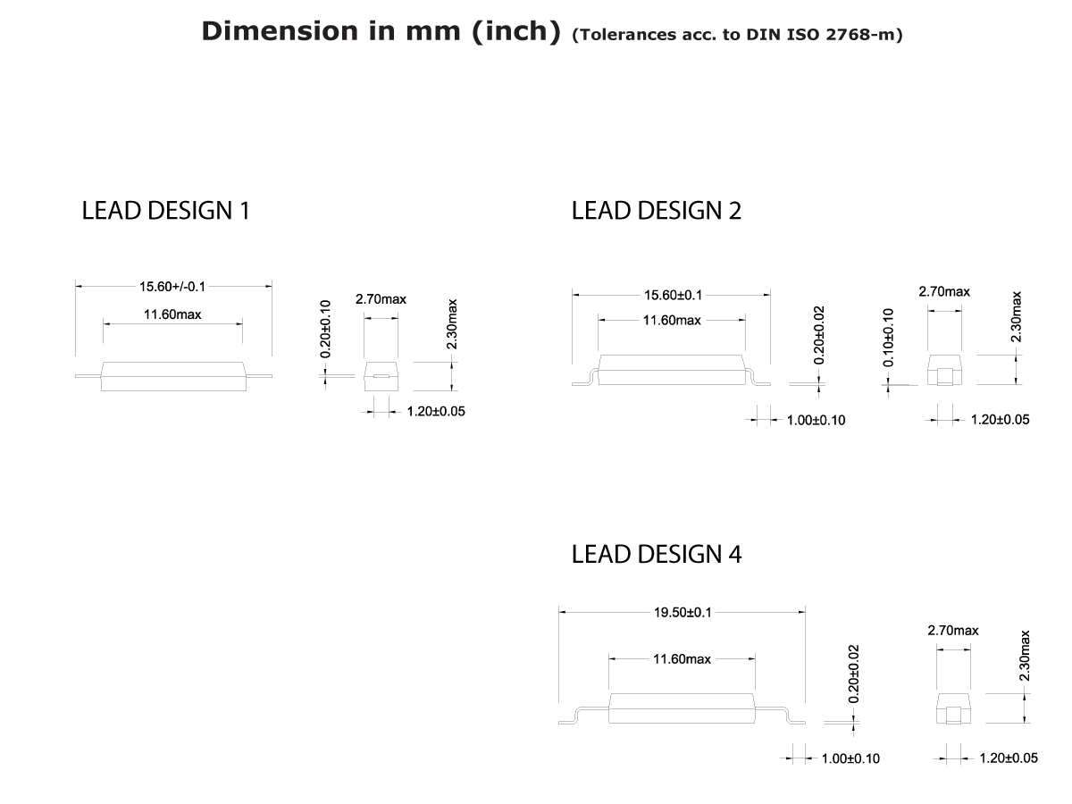 Technical drawing showing four lead designs of the MK22 Series Surface Mount Reed Switch with labeled dimensions in millimeters and inches. Each design varies in width, height, and lead shape, with side and front views provided for comparison. by Standex Detect