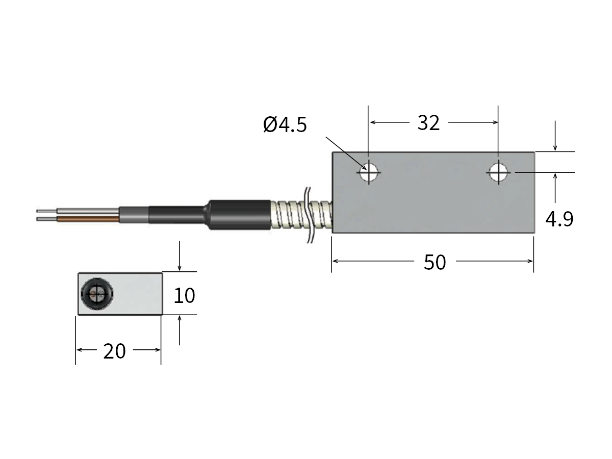 Technical drawing of an MK27 Series Reed Sensor: rectangular metal body, 50 mm x 20 mm, 4.9 mm thick, two mounting holes (4.5 mm diameter, 32 mm apart), with a cable exiting from one end. by Standex Detect
