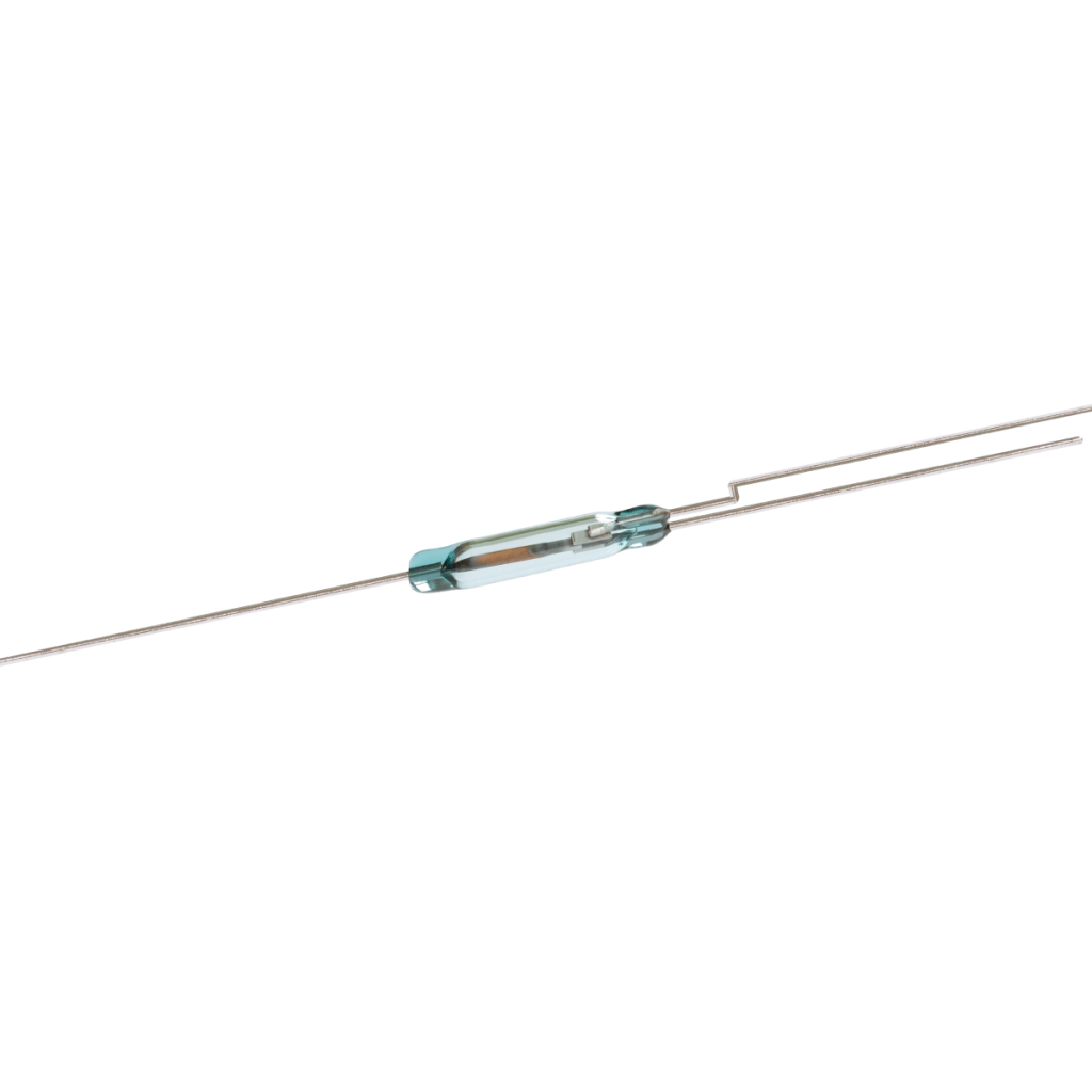 A small glass Changeover Reed Switch with two long metal leads extending from each end, one lead bent in a zigzag shape, against a white background. by Standex Detect