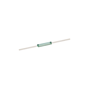 A small cylindrical glass reed switch from the KSK-1A35 Series with two metal leads extending horizontally from both ends on a white background. by Standex Detect