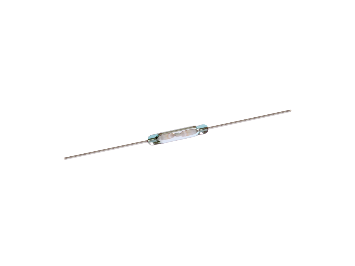 A small glass cylindrical electronic component, such as the KSK-1A87 Series Reed Switch, with two long metal leads extending from each end, isolated on a white background. by Standex Detect
