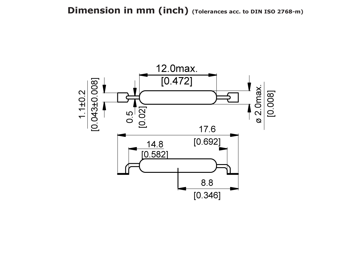 Technical drawing of the MK23-46 Surface Mount Reed Switch, a cylindrical component with dimensions labeled in millimeters and inches, including maximum length, diameter, and tolerances according to DIN ISO 2768-m standard. by Standex Detect