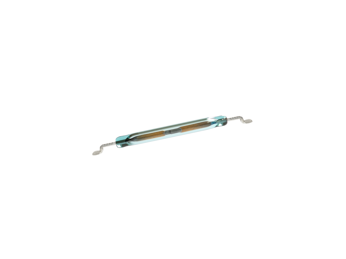 A small glass tube with metal wire contacts at each end and two metal reeds inside, forming an MK23-52 Reed Switch, isolated on a white background. by Standex Detect