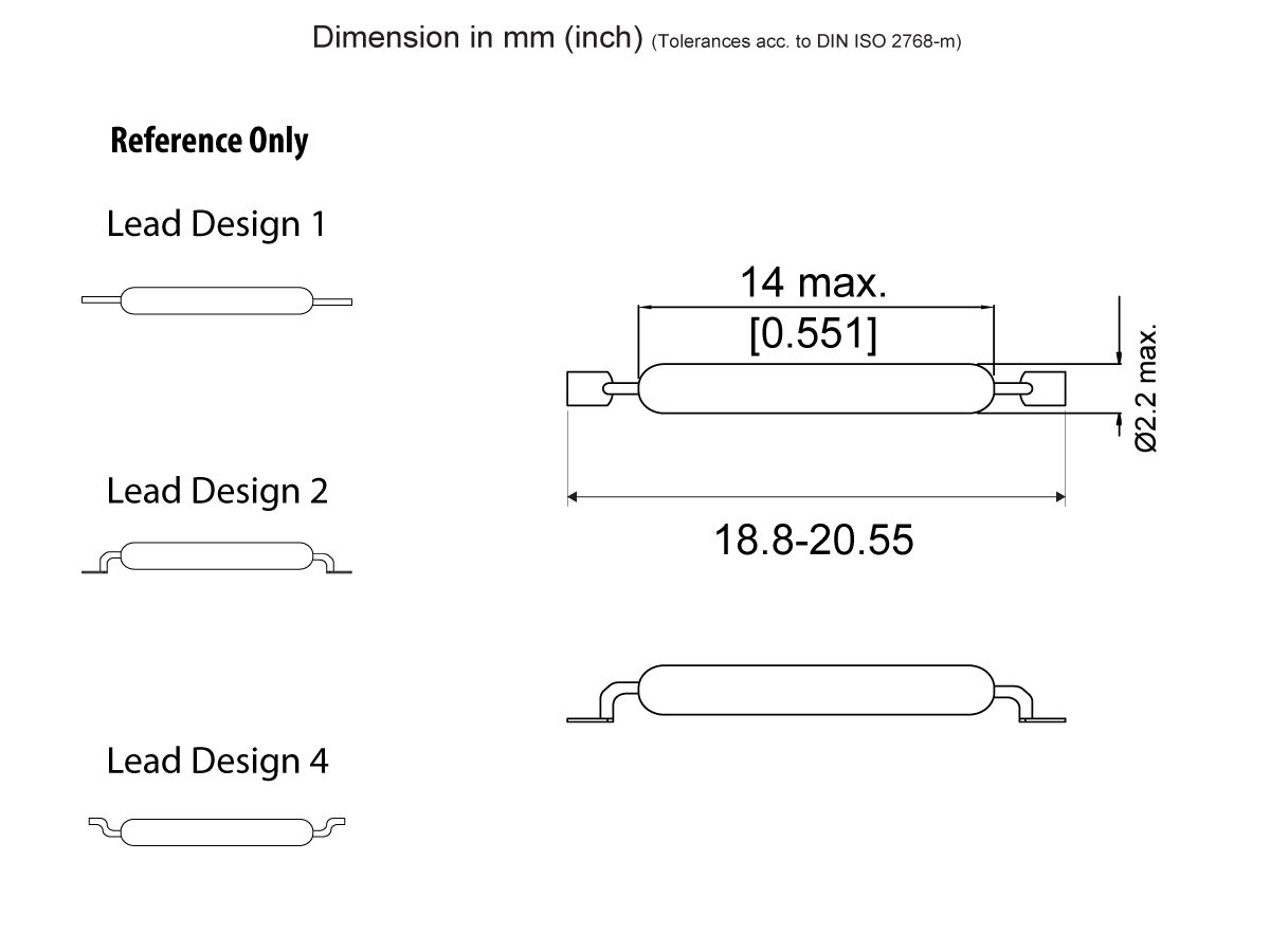 Technical drawing showing four lead designs for a cylindrical Reed Switch component, including MK23-66, with dimensions: length 18.8–20.55 mm, diameter 2.2 mm, and maximum overall width 14 mm. by Standex Detect
