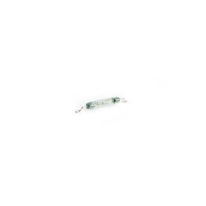 A small MK23-87 glass reed switch with silver metal leads on both ends, isolated on a white background. by Standex Detect