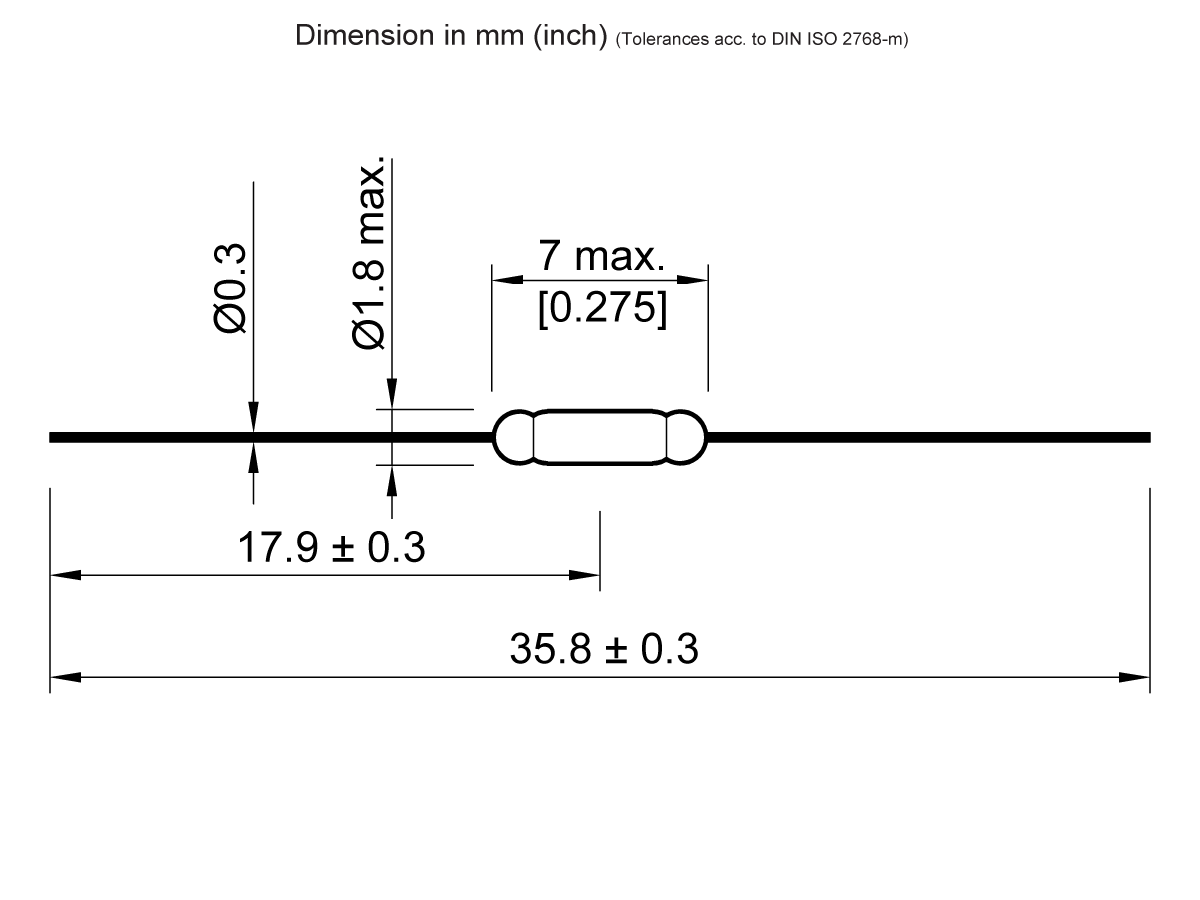 Technical drawing of a cylindrical Reed Switch from the ORD213 Series: length 35.8 ± 0.3 mm, body length 17.9 ± 0.3 mm, body diameter 1.8 mm max, and wire diameter 0.3 mm. Measurements in mm (inches). by Standex Detect
