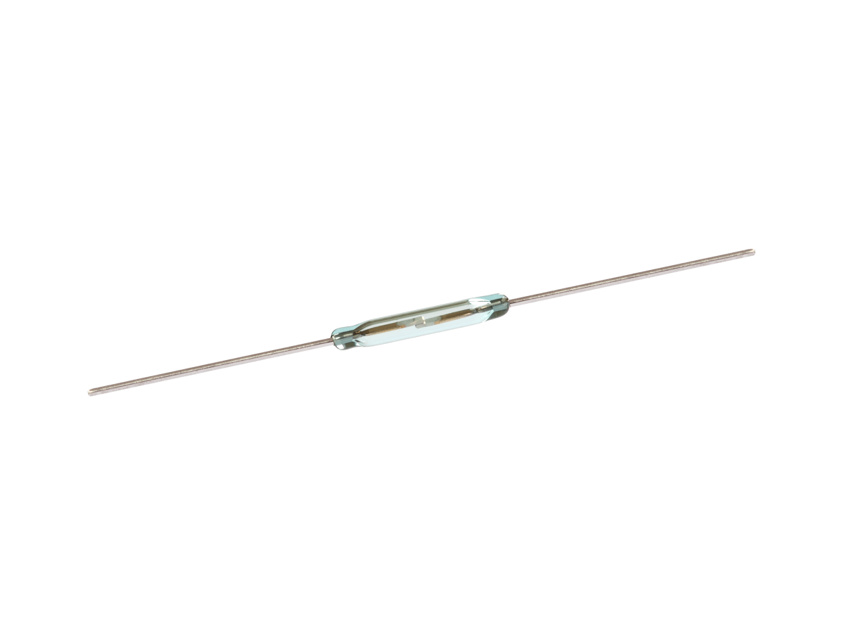 A small ORD219 Series Reed Switch with two long metal leads extending from each end, positioned horizontally on a white background. by Standex Detect