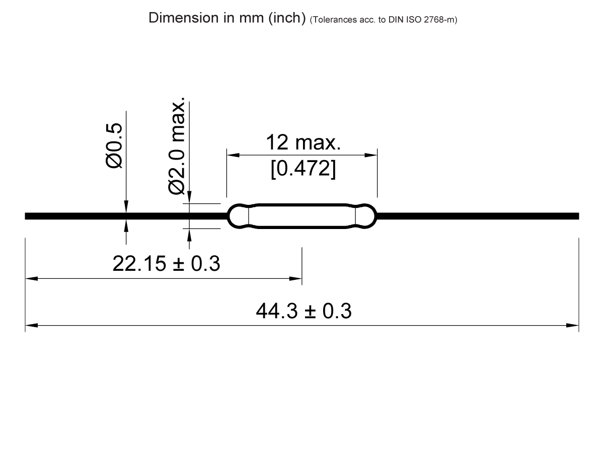 Technical drawing of a cylindrical reed switch from the ORD219 Series with wire leads, showing dimensions: 44.3 ± 0.3 mm total length, 22.15 ± 0.3 mm body, 2.0 mm max body diameter, 0.5 mm lead diameter, and 12 mm max body length. by Standex Detect