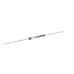 A small glass cylindrical reed switch from the ORD221 Series with two long metal leads extending from both ends, isolated on a white background. by Standex Detect
