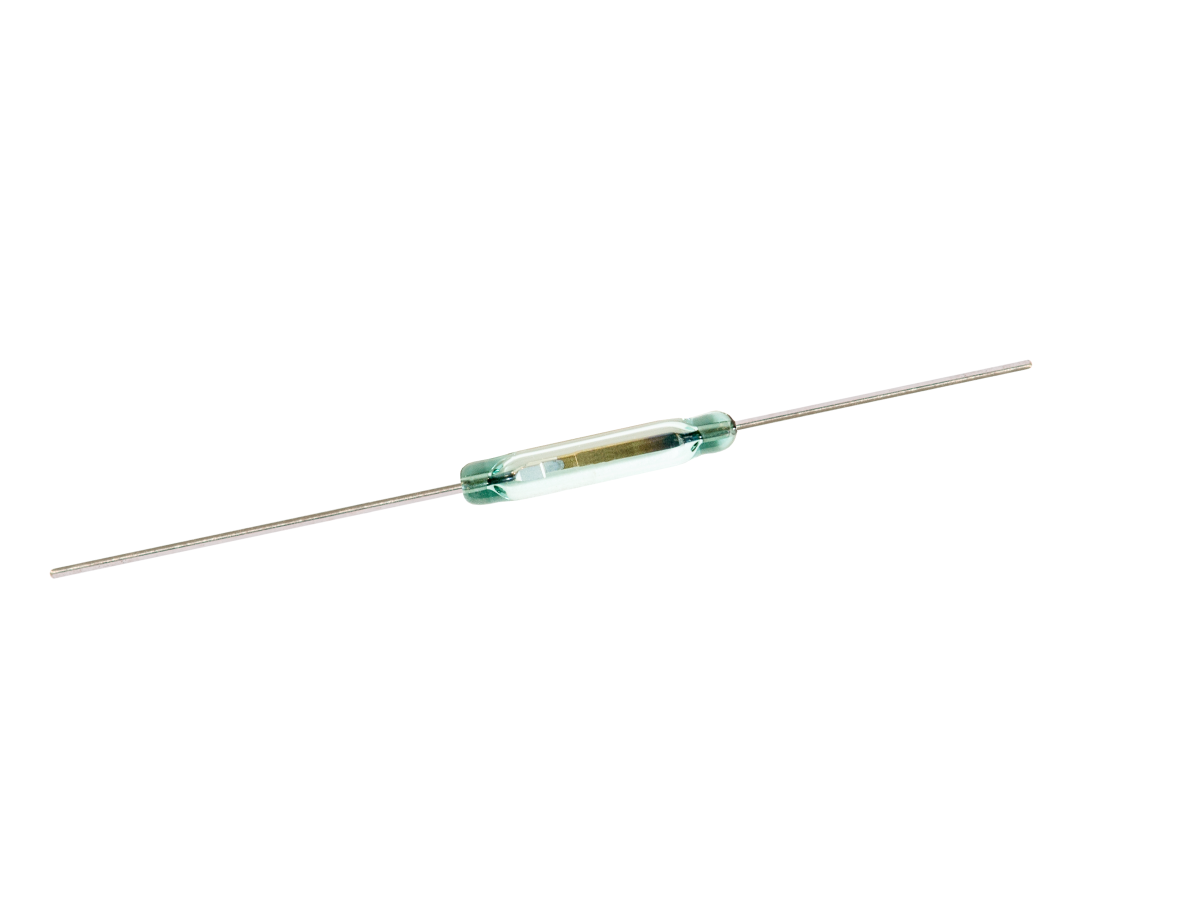 A small glass ORD221 Series reed switch with two long metal leads extending from each end, photographed on a white background. by Standex Detect