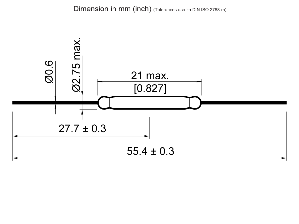 Technical drawing of the ORD229 Reed Switch, a cylindrical electronic component with a maximum diameter of 2.75 mm, body length of 21 mm, and overall length of 55.4 ± 0.3 mm. All dimensions are in millimeters (inches). by Standex Detect