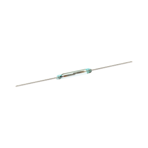 A small ORD324 Series reed switch with thin metal leads extending from both ends, isolated on a white background. by Standex Detect