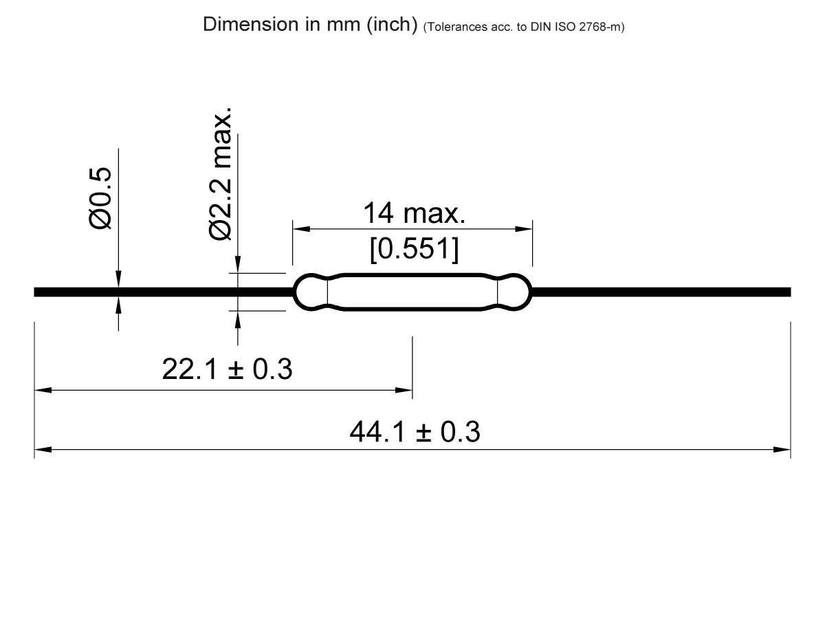 Diagram showing a cylindrical ORD324 Reed Switch with maximum diameter 2.2 mm, length 14 mm, and total length 44.1 ± 0.3 mm. Lead diameter is 0.5 mm and the body is centered. Dimensions in mm (inches). by Standex Detect