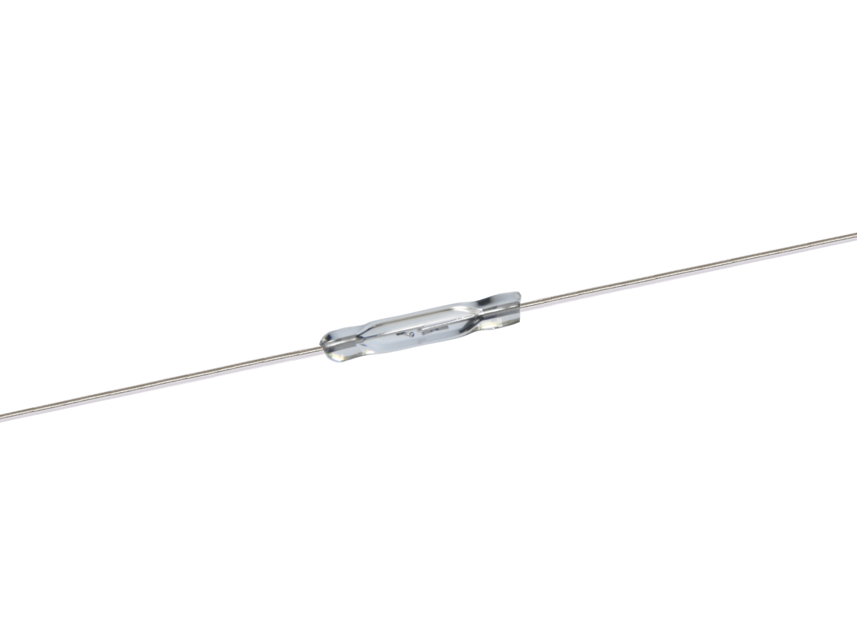 A small, cylindrical KSK SW GP560 Series Reed Switch with two long, thin metal wires extending from both ends, placed on a white background. by Standex Detect