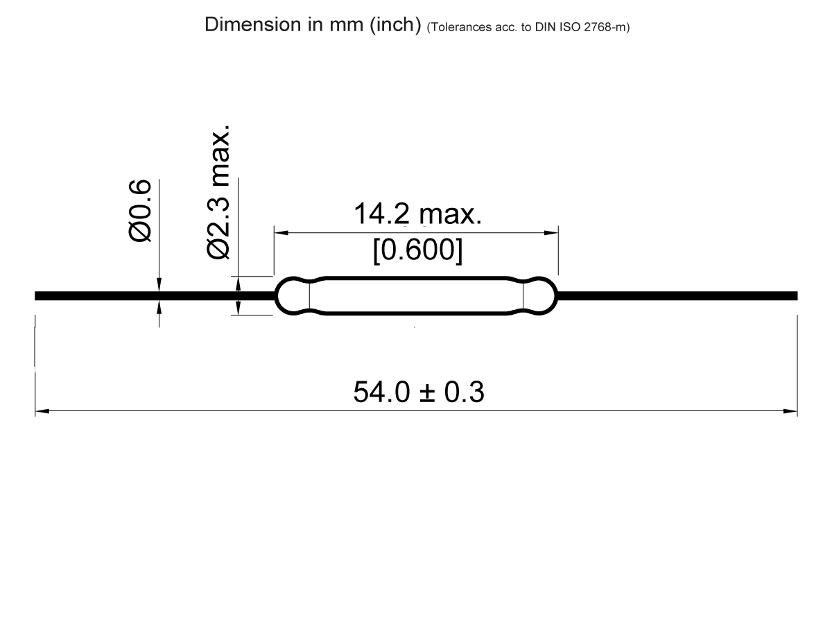 Technical drawing of a KSK SW GP560 Series Reed Switch, featuring a cylindrical component with a maximum diameter of 2.3 mm, overall length of 54.0 ± 0.3 mm, and a 14.2 mm central section with a diameter of 0.6 mm. by Standex Detect
