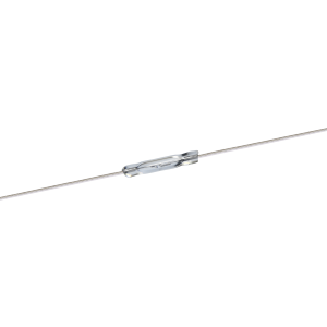 A close-up of a thin metal wire with a small, cylindrical, transparent PR560 Reed Switch centered along its length, set against a white background. by Standex Detect