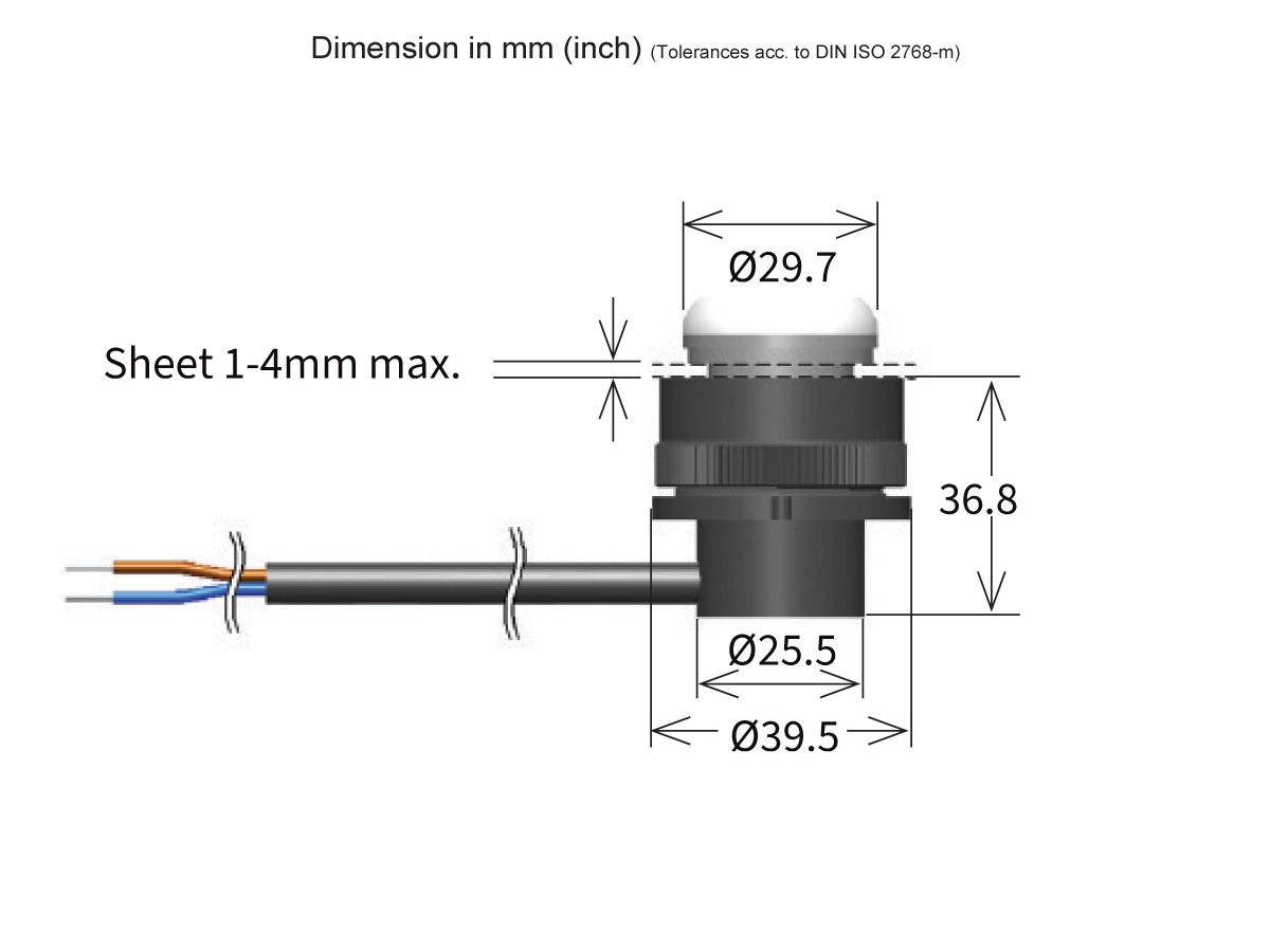 Technical diagram of an MK25 Series button switch showing dimensions: diameter 29.7 mm at the top, installation hole diameter 25.5 mm, overall height 36.8 mm, and maximum sheet thickness 1–4 mm. Wires extend from the left. Reed Sensor compatible. by Standex Detect