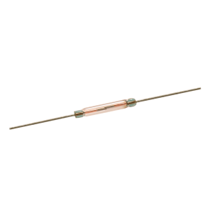 A small glass tube with metal caps at each end and two long metal wires extending outward, containing a thin internal metal strip, the KSK-1A53 Series Reed Switch closely resembles an electronic component. by Standex Detect