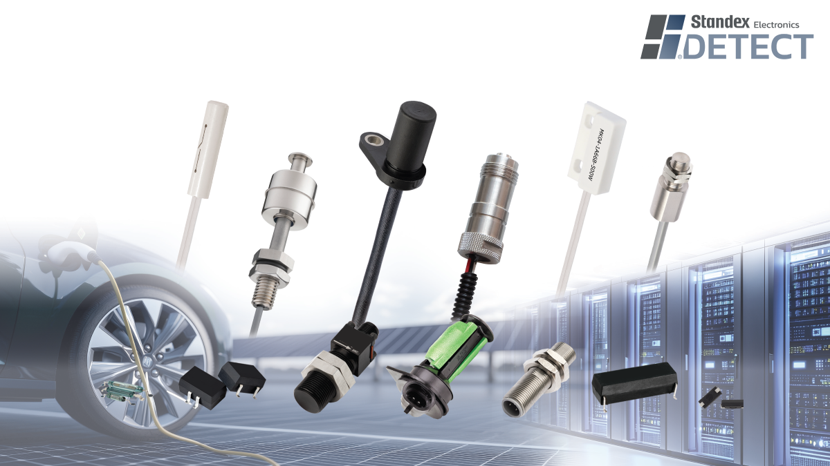 A variety of electronic sensors and components are displayed above a background featuring a car wheel on the left and server racks on the right, highlighting Standex Detect innovation. The Standex Electronics DETECT logo appears in the top right corner. by Standex Detect