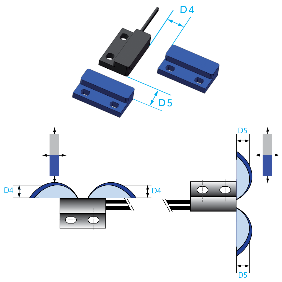 Technical illustration showing a rectangular reed sensor with mounting holes, labeled dimensions D4 and D5, and diagrams displaying top and side mounting positions with corresponding activation distances. by Standex Detect