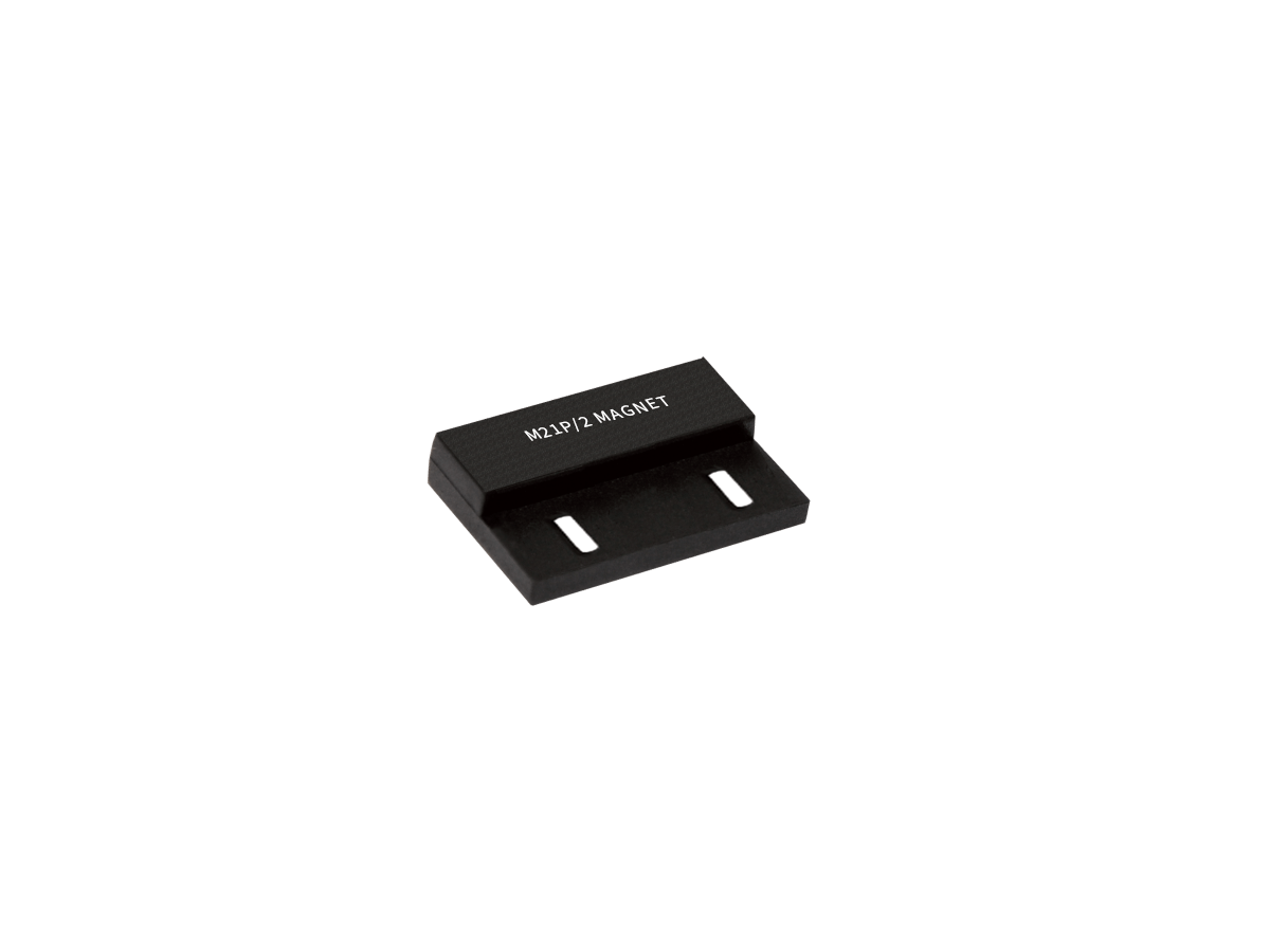 A small black rectangular magnet labeled M21/P2 MAGNET with two slots, shown on a plain white background. by Standex Detect
