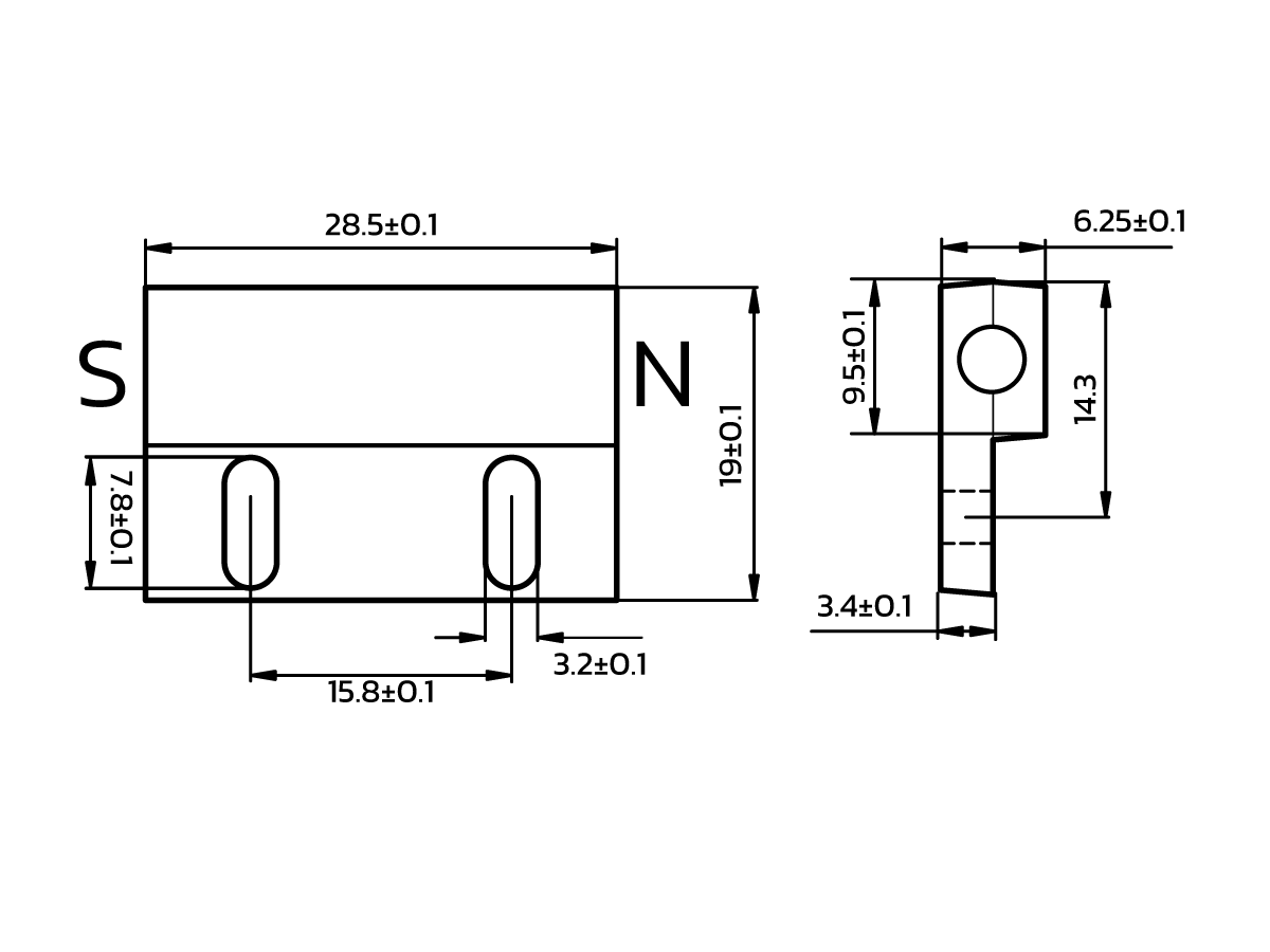 Technical drawing of a rectangular M21P/2 Series object with labeled dimensions, showing front and side views, including lengths, hole positions for Magnet placement, and diameter measurements with tolerances. by Standex Detect