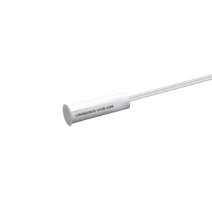 Ein wei&szlig;er, zylindrischer elektronischer Reed-Sensor mit angeschlossenem Kabel, beschriftet mit &bdquo;STANDEX MK23-1A66B-3050W&ldquo; aus der MK38-Serie, vor einem schlichten wei&szlig;en Hintergrund. by Standex Detect
