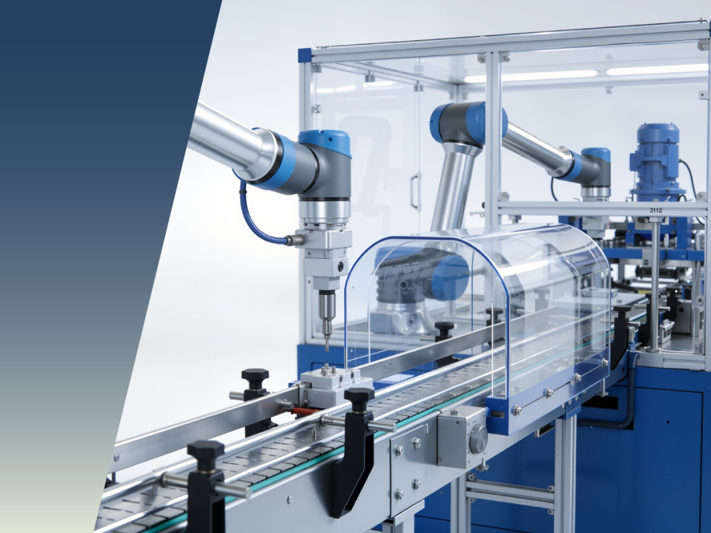 A modern robotic arm featuring precision sensing for motion systems operates on an automated assembly line, surrounded by metal machinery and clear safety covers in a clean, industrial setting. by Standex Detect